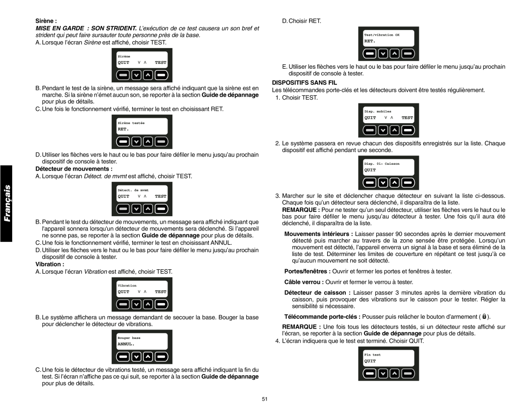 DeWalt DS200, DS100 instruction manual Sirène, Détecteur de mouvements, Dispositifs Sans Fil, Français, Vibration 