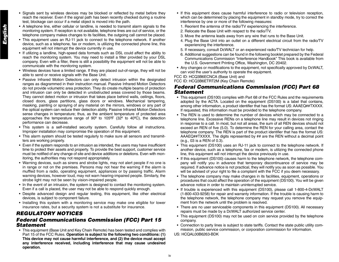 DeWalt DS200, DS100 instruction manual Regulatory Notices, Federal Communications Commission FCC Part, Statement, English 