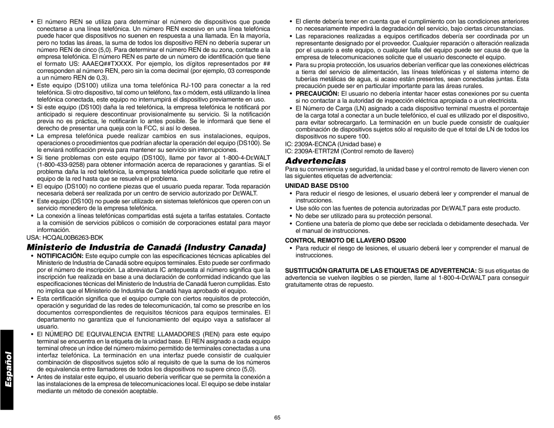 DeWalt DS200 instruction manual Ministerio de Industria de Canadá Industry Canada, Advertencias, UNIDAD BASE DS100, Español 