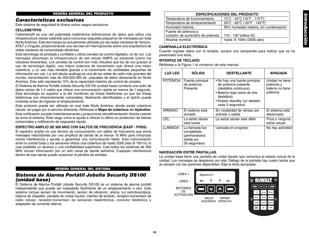DeWalt DS100, DS200 Características exclusivas, Especificaciones Del Producto, Campanilla Electrónica, Interfaz De Teclado 