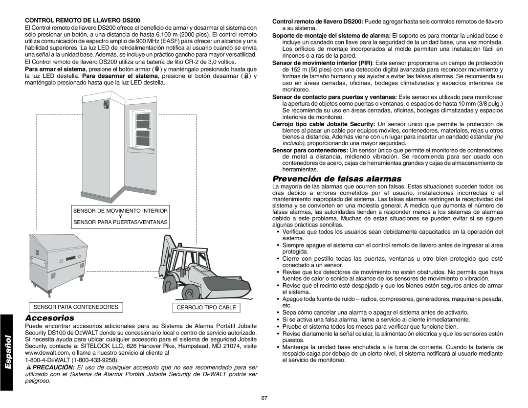 DeWalt DS100 instruction manual Accesorios, Prevención de falsas alarmas, CONTROL REMOTO DE LLAVERO DS200, Español 