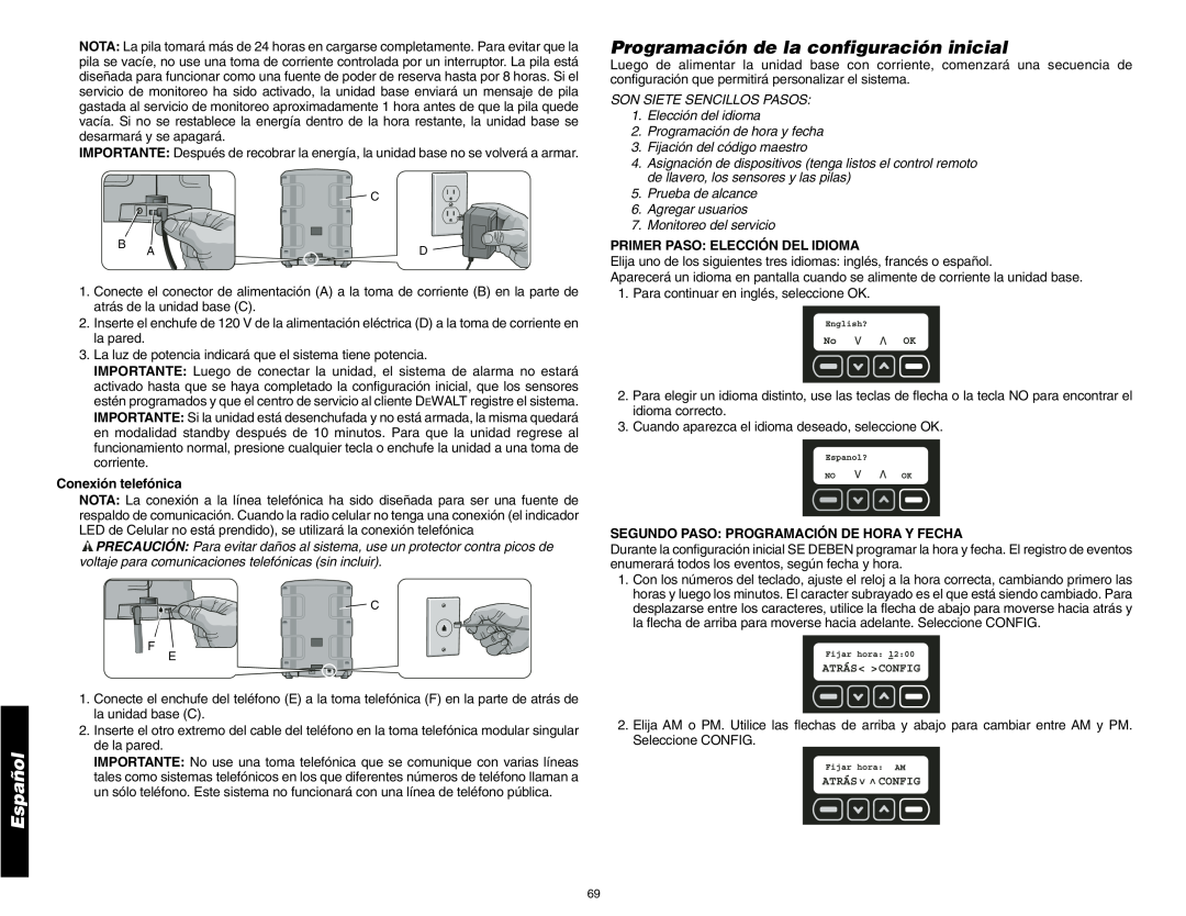 DeWalt DS200 Programación de la configuración inicial, Conexión telefónica, Primer Paso Elección Del Idioma, Español 