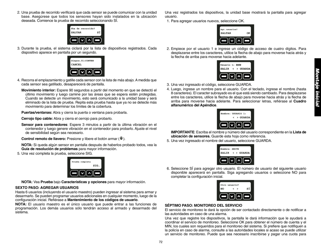 DeWalt DS100, DS200 instruction manual Sexto Paso: Agregar Usuarios, Séptimo Paso: Monitoreo Del Servicio, Montaje inicial 