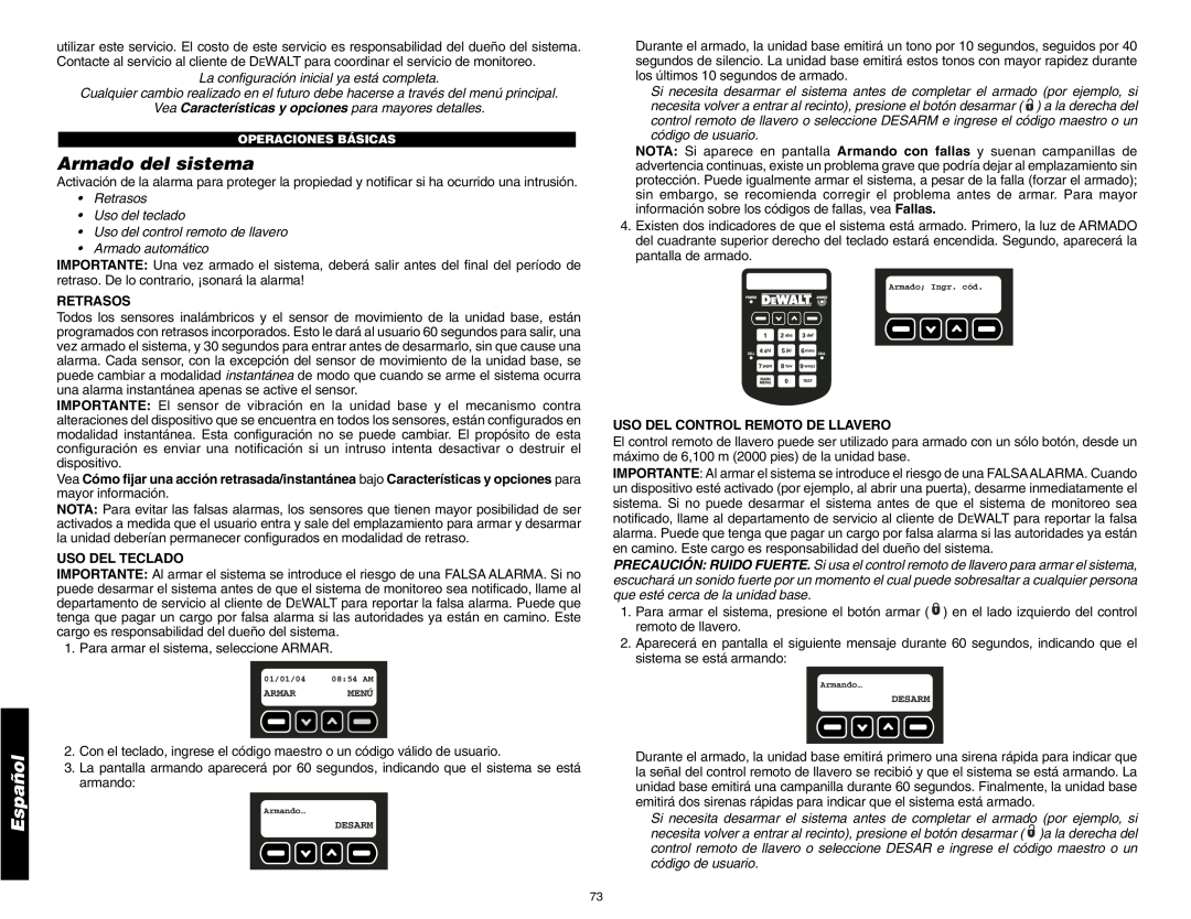 DeWalt DS200, DS100 Armado del sistema, Retrasos, Uso Del Teclado, Uso Del Control Remoto De Llavero, Español 