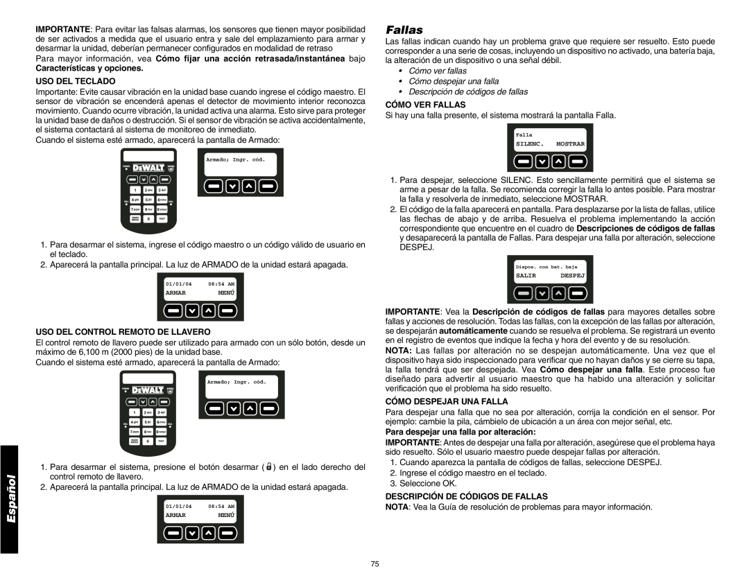 DeWalt DS200, DS100 Características y opciones USO DEL TECLADO, Cómo Ver Fallas, Cómo Despejar Una Falla, Español 