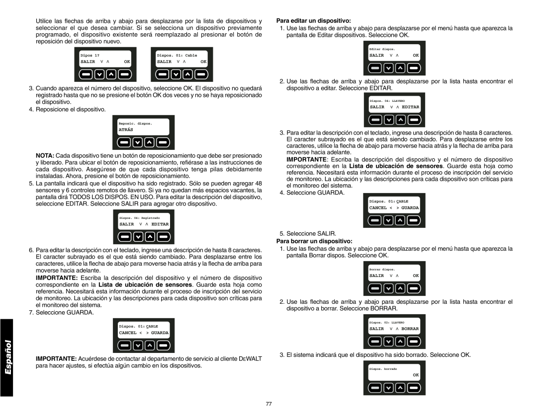 DeWalt DS200, DS100 instruction manual Para editar un dispositivo, Para borrar un dispositivo, Español 