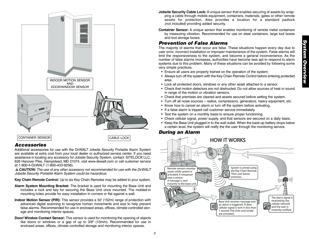 DeWalt DS100, DS200 instruction manual Accessories, Prevention of False Alarms, During an Alarm, System Overview 