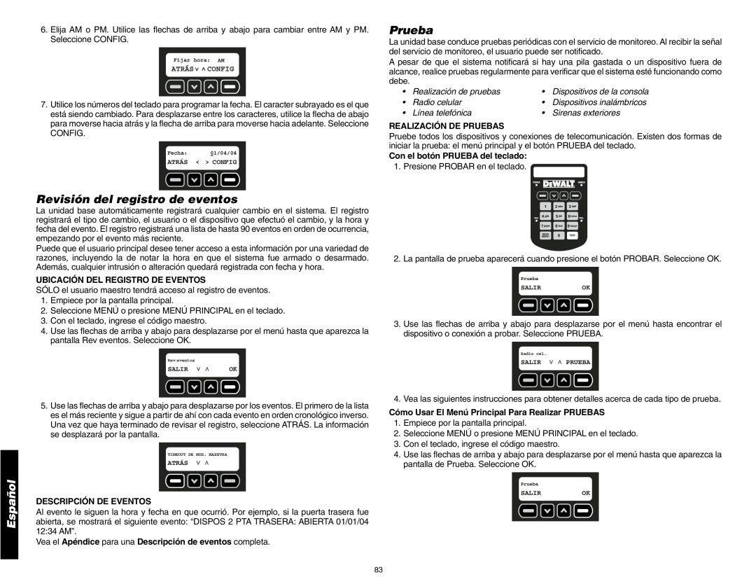 DeWalt DS200 Revisión del registro de eventos, Prueba, Ubicación Del Registro De Eventos, Descripción De Eventos, Español 