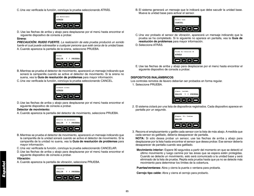 DeWalt DS200, DS100 instruction manual Sirena, Detector de movimiento, Dispositivos Inalámbricos, Español, Vibración 