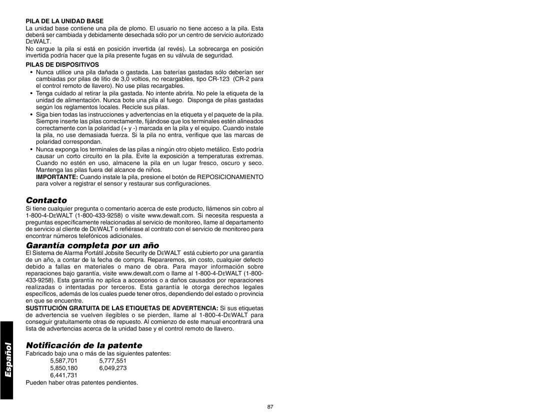 DeWalt DS200, DS100 Contacto, Garantía completa por un año, Notificación de la patente, Pila De La Unidad Base, Español 