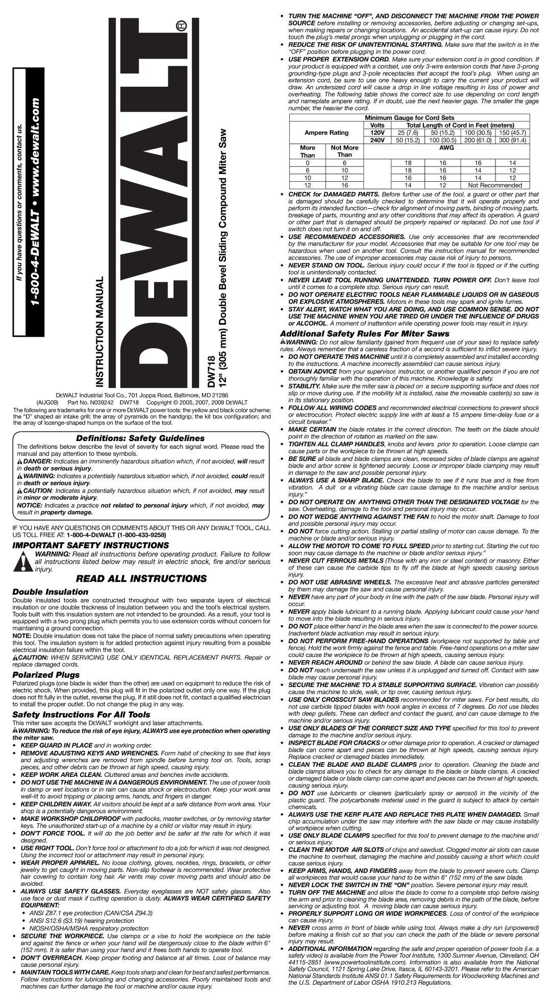 DeWalt DW7187, DW 718, DW718SP instruction manual Important Safety Instructions 