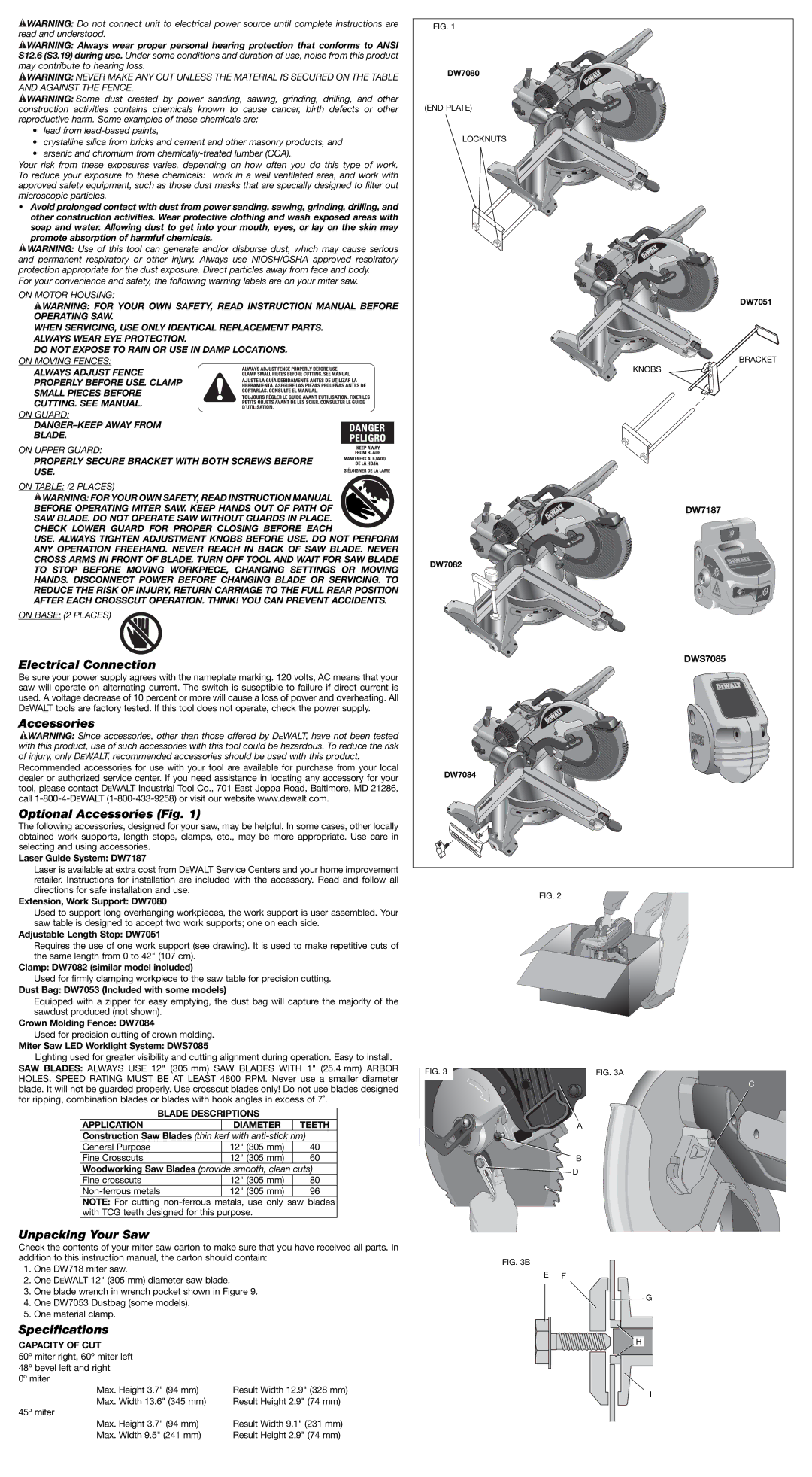 DeWalt DW718SP, DW 718 Electrical Connection, Accessories Optional Accessories Fig, Unpacking Your Saw, Specifications 