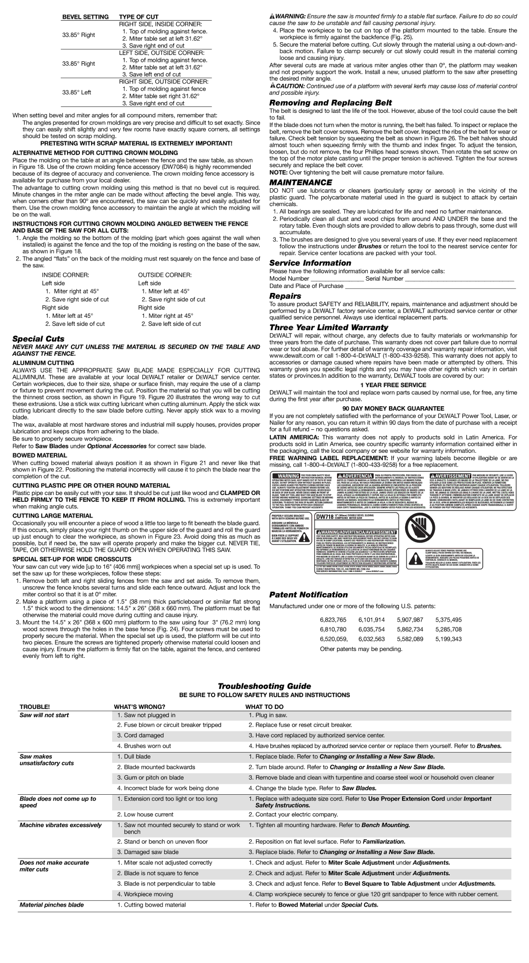 DeWalt DW 718, DW7187, DW718SP instruction manual Maintenance 