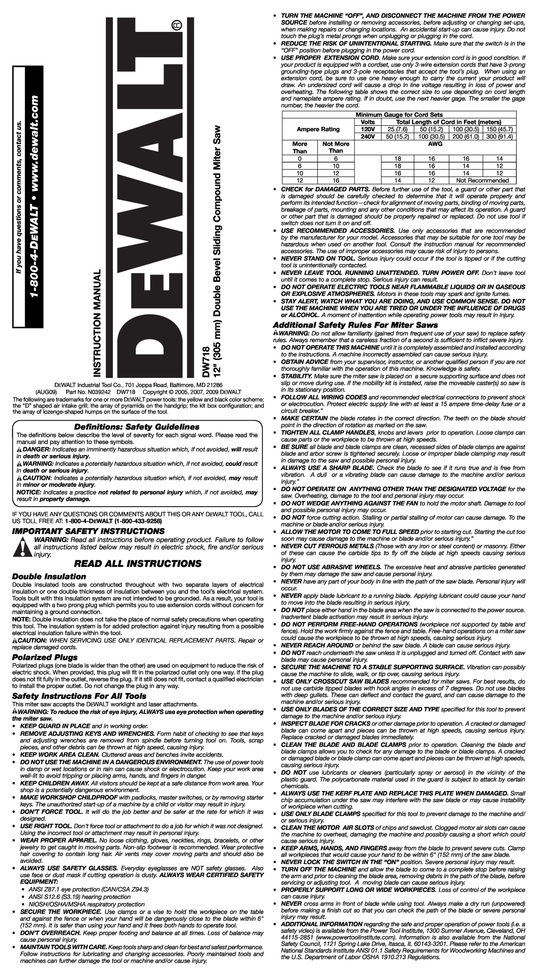 DeWalt DW7187, DW 718 instruction manual Definitions Safety Guidelines, Important Safety Instructions, Double Insulation 