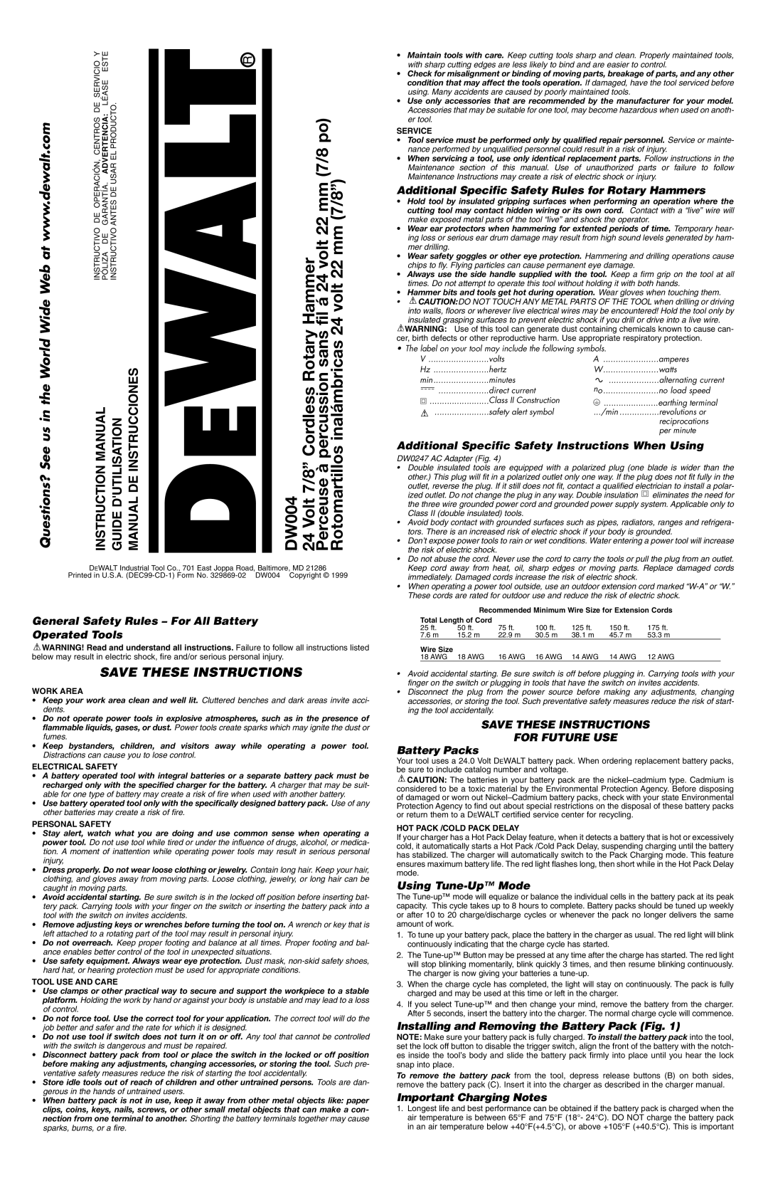 DeWalt 329869-02 instruction manual General Safety Rules For All Battery Operated Tools, Battery Packs, Using Tune-Up Mode 