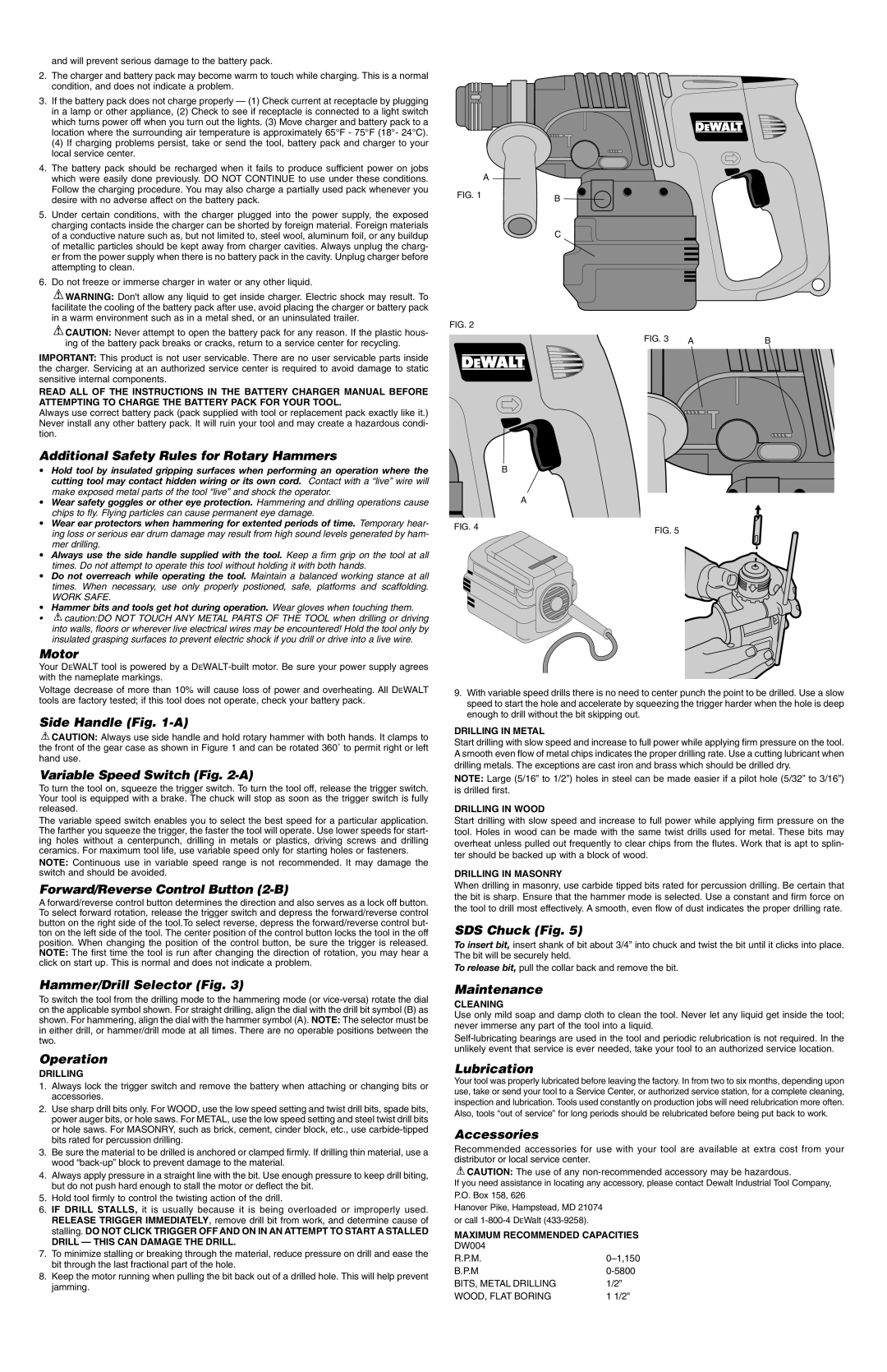 DeWalt DW004 Additional Safety Rules for Rotary Hammers, Motor, Side Handle -A Variable Speed Switch -A, Operation 