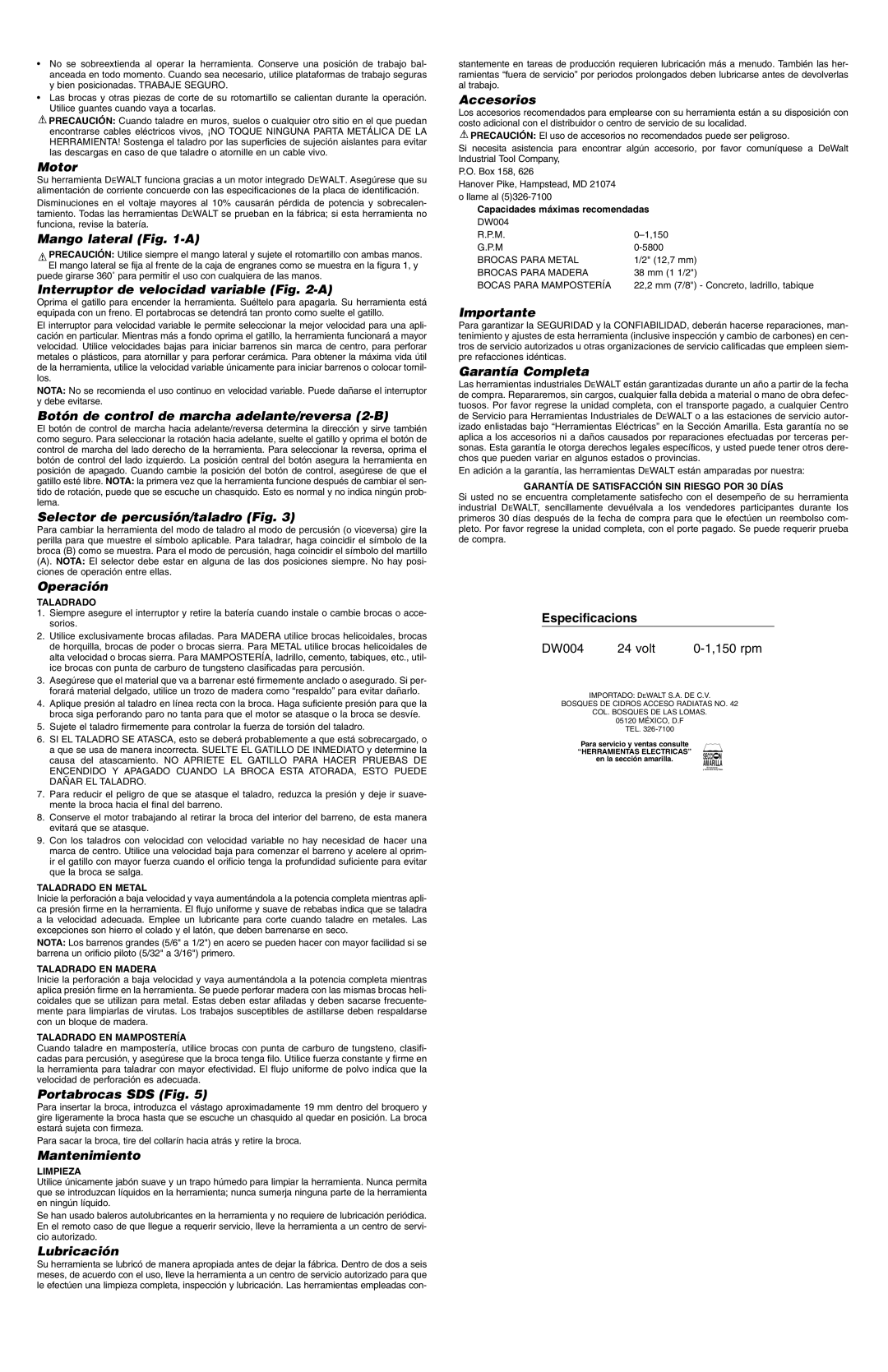 DeWalt DW004 Mango lateral -A, Interruptor de velocidad variable -A, Botón de control de marcha adelante/reversa 2-B 