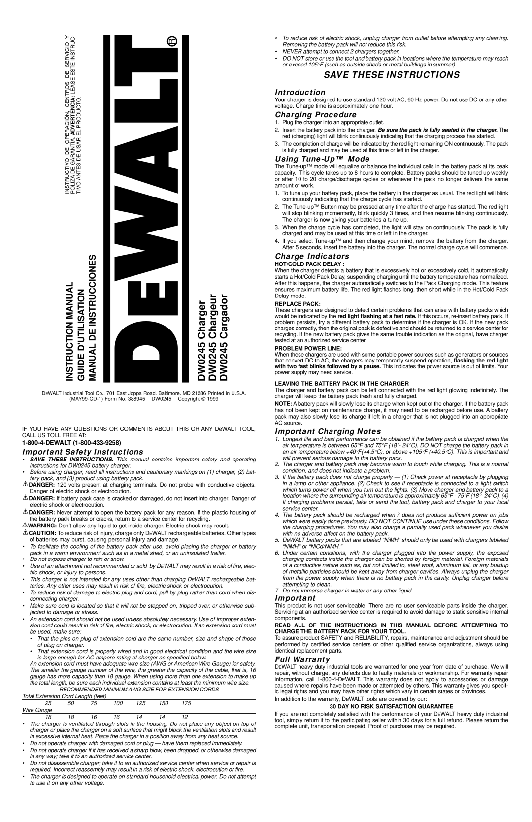 DeWalt DW0245 instruction manual Important Safety Instructions, Introduction, Charging Procedure, Using Tune-Up Mode 