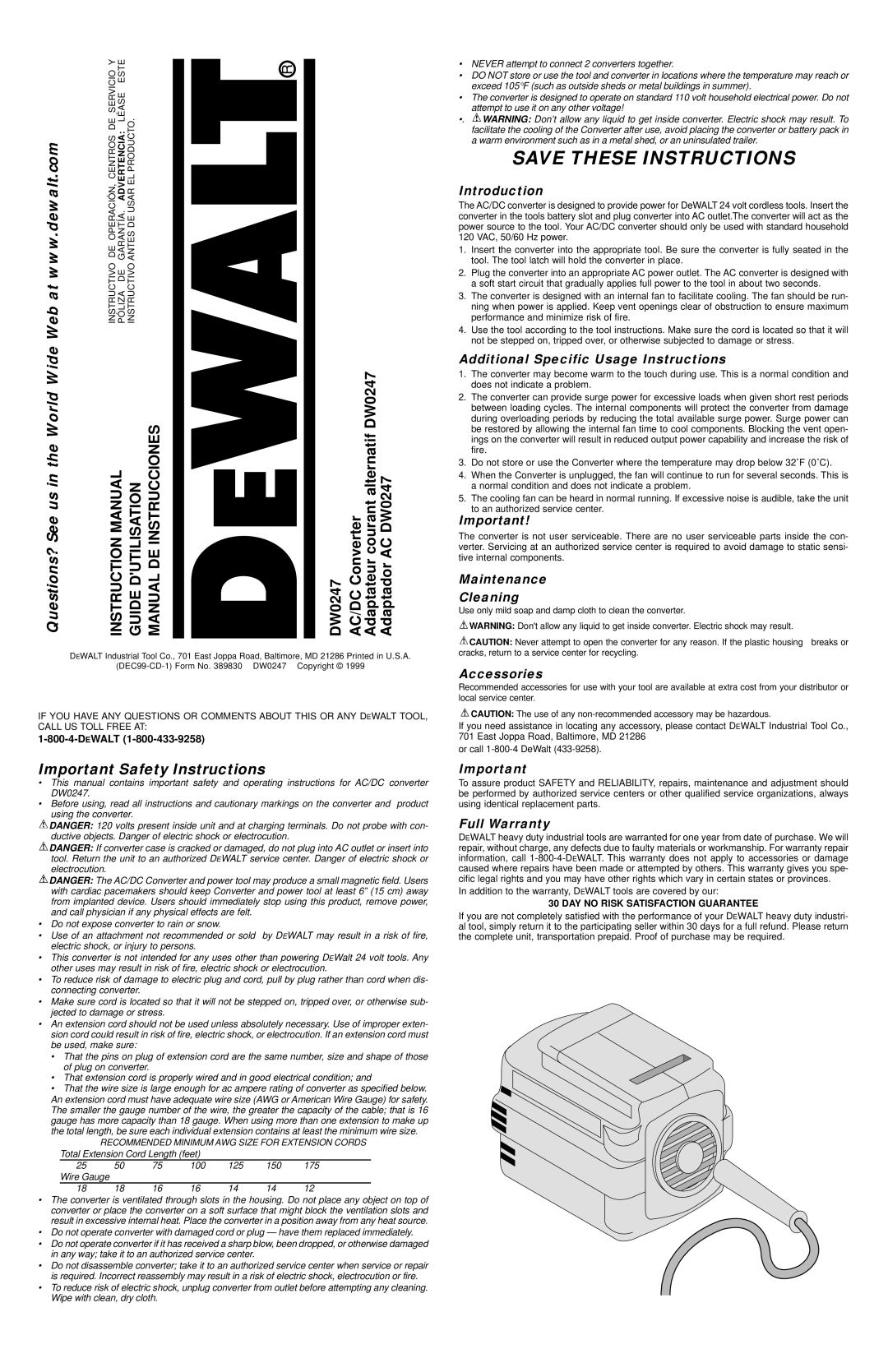 DeWalt DW0247 instruction manual Introduction, Additional Specific Usage Instructions, Maintenance Cleaning, Accessories 