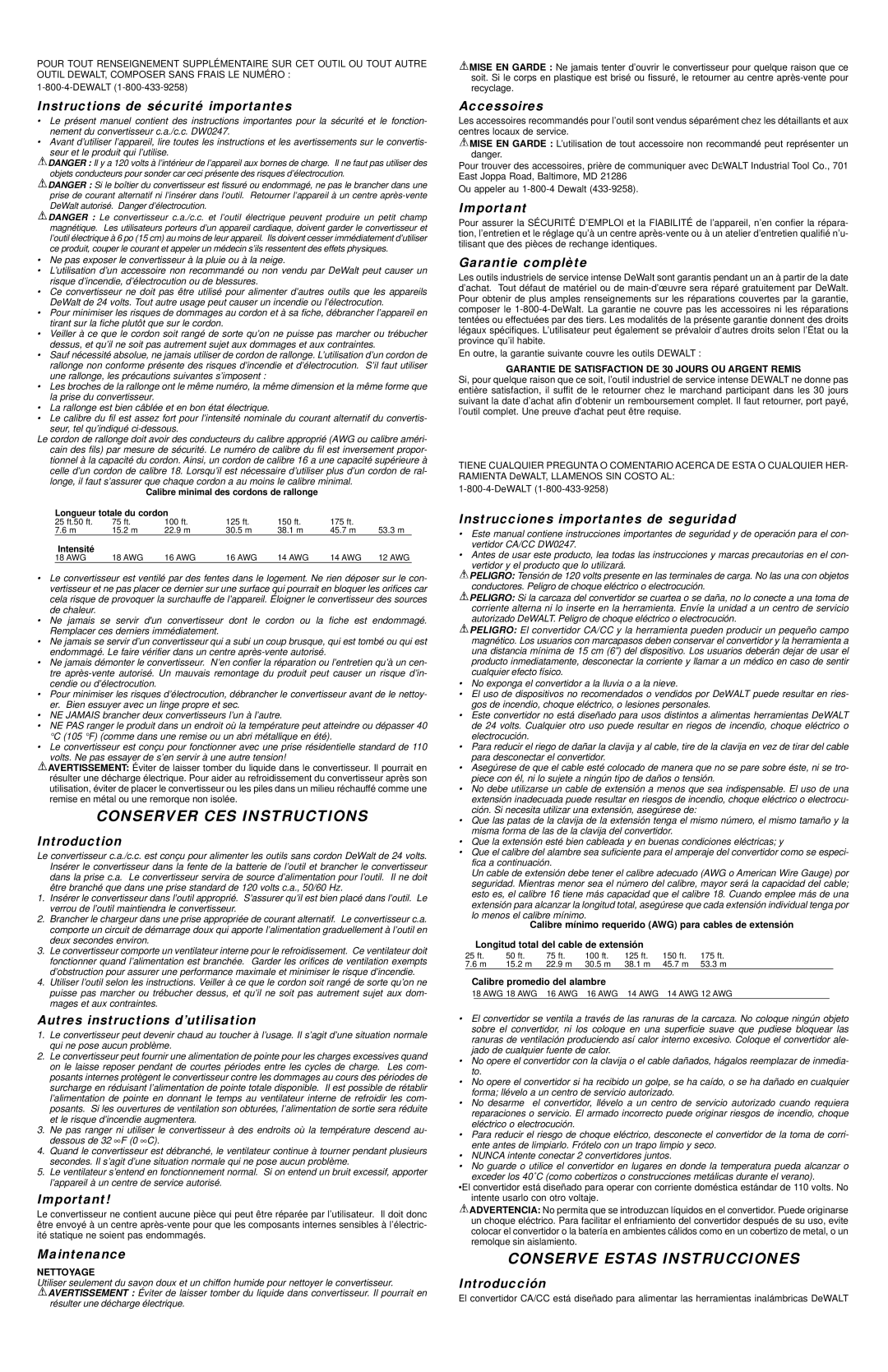 DeWalt DW0247 Instructions de sécurité importantes, Autres instructions d’utilisation, Maintenance, Accessoires 