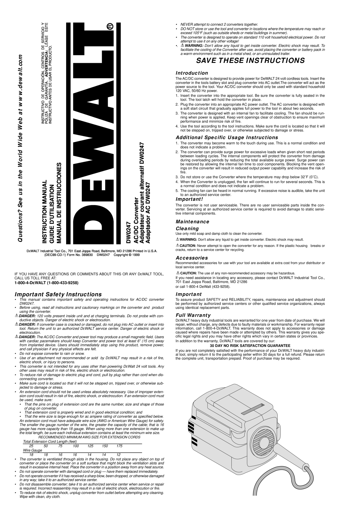 DeWalt DW0247 instruction manual Important Safety Instructions, Introduction, Additional Specific Usage Instructions 