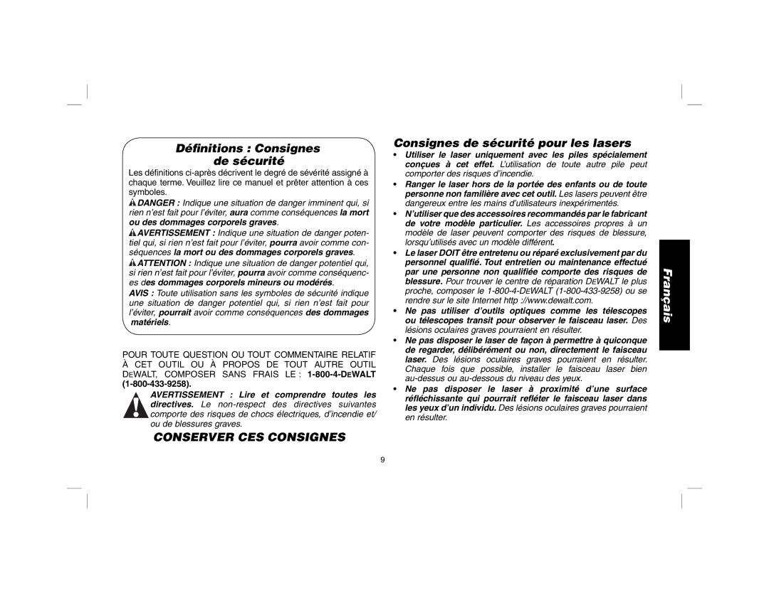 DeWalt dW030 Déﬁnitions Consignes de sécurité, Conserver CES Consignes, Consignes de sécurité pour les lasers 