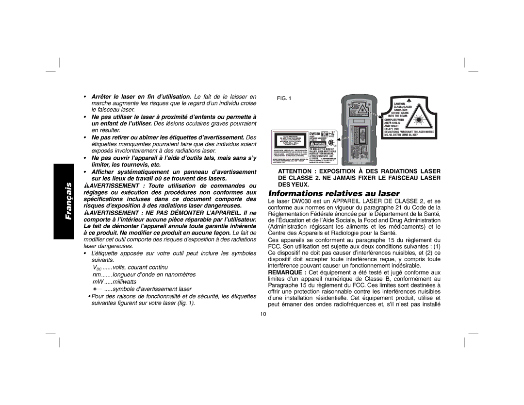 DeWalt dW030 instruction manual Informations relatives au laser 