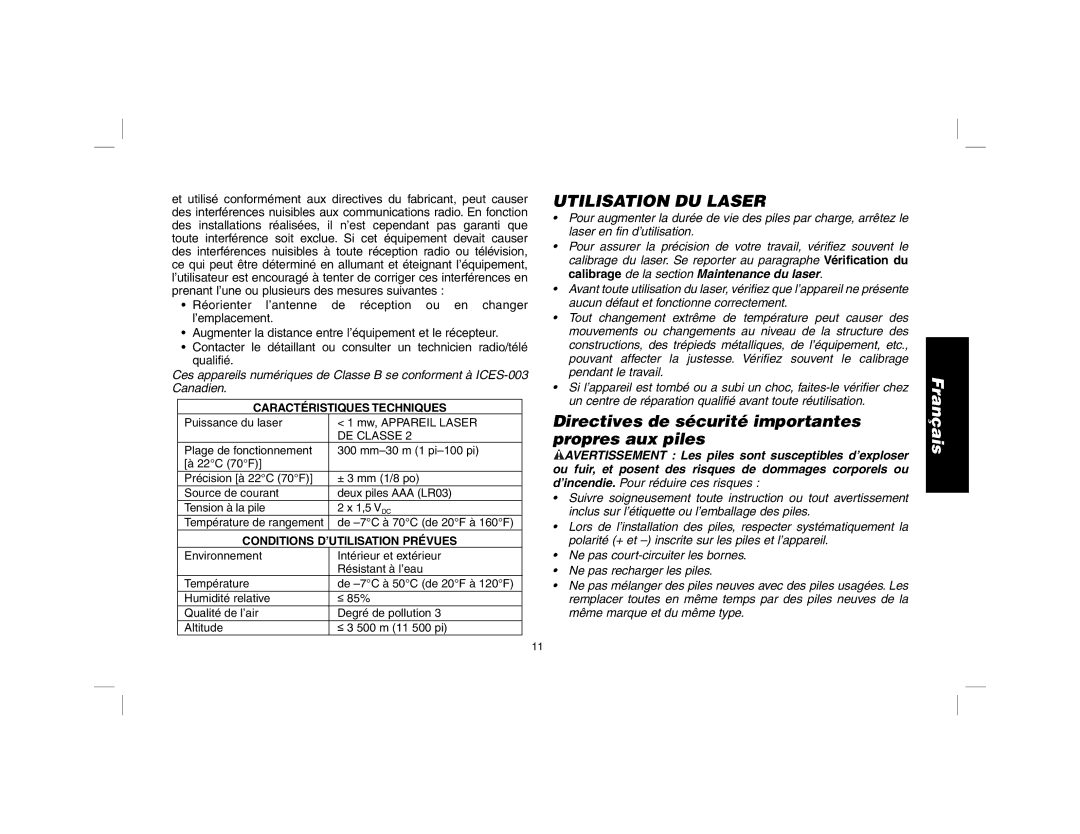 DeWalt dW030 instruction manual Utilisation DU Laser, Directives de sécurité importantes propres aux piles 