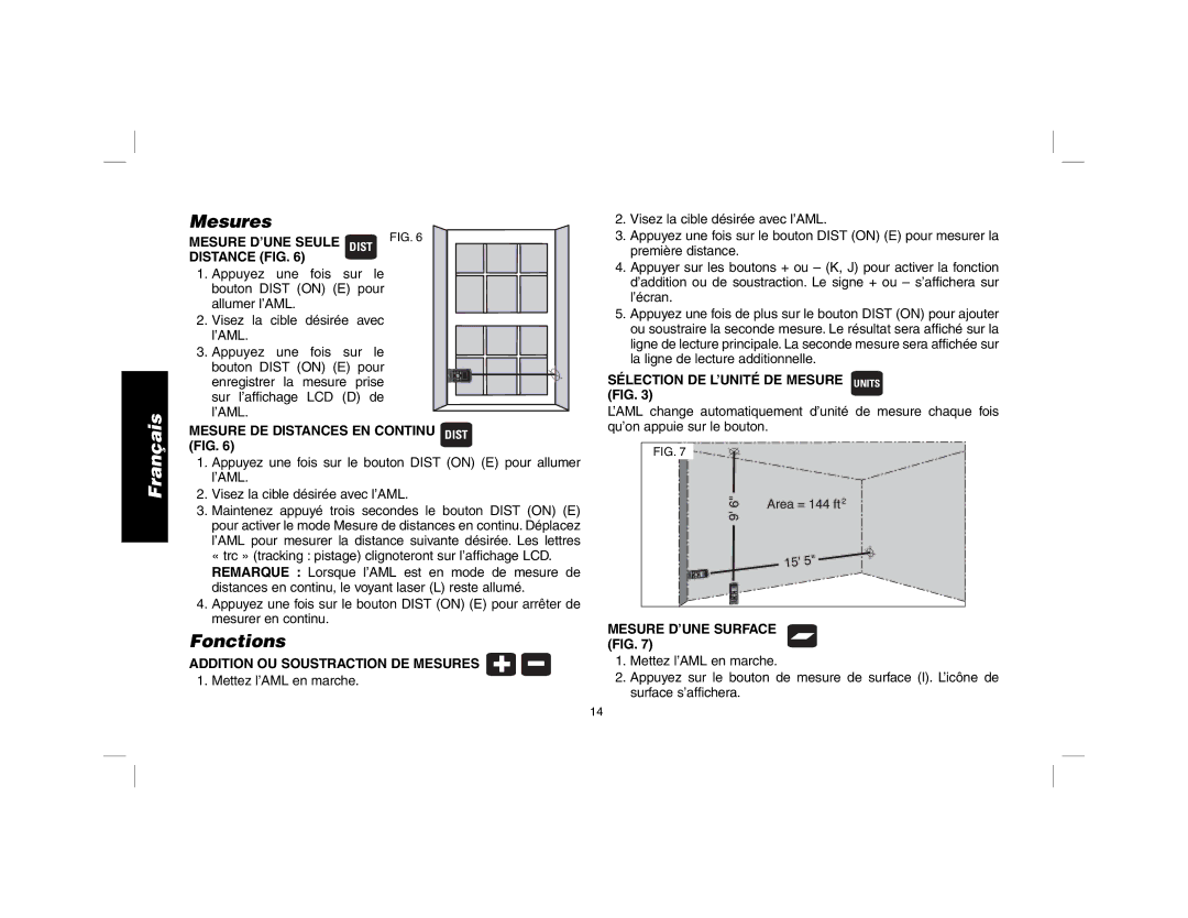 DeWalt dW030 instruction manual Mesures, Fonctions 