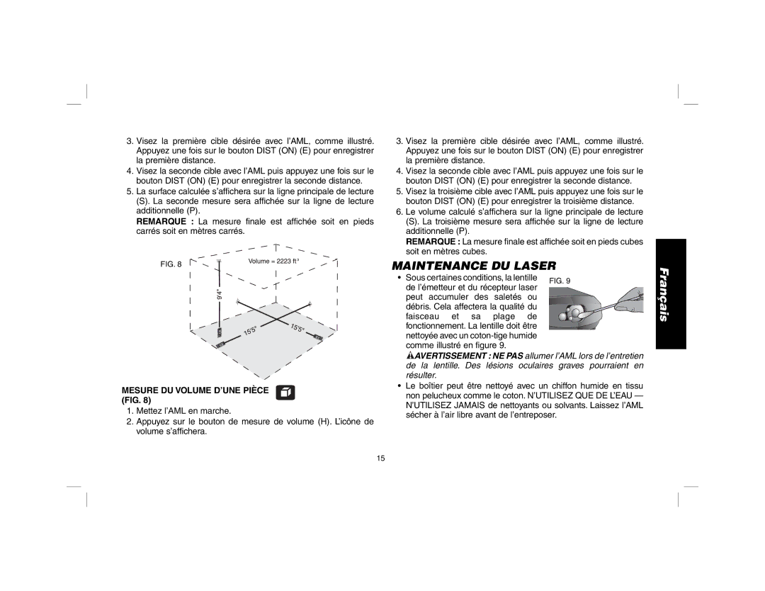 DeWalt dW030 instruction manual Maintenance DU Laser, Mesure DU Volume D’UNE Pièce FIG 