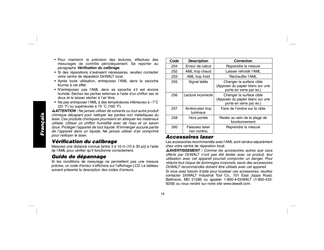 DeWalt dW030 instruction manual Vériﬁcation du calibrage, Guide de dépannage, Accessoires laser 