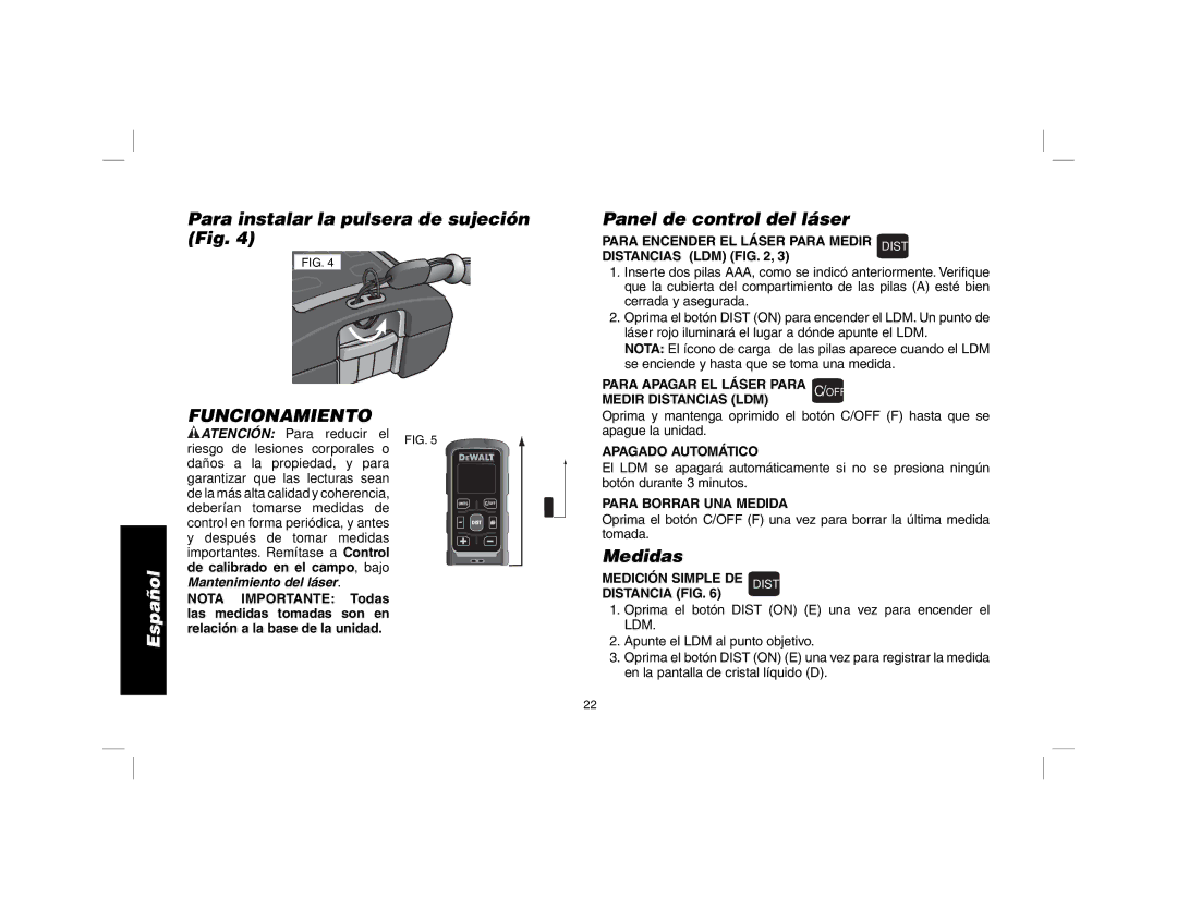 DeWalt dW030 Para instalar la pulsera de sujeción Fig, Funcionamiento, Panel de control del láser, Medidas 