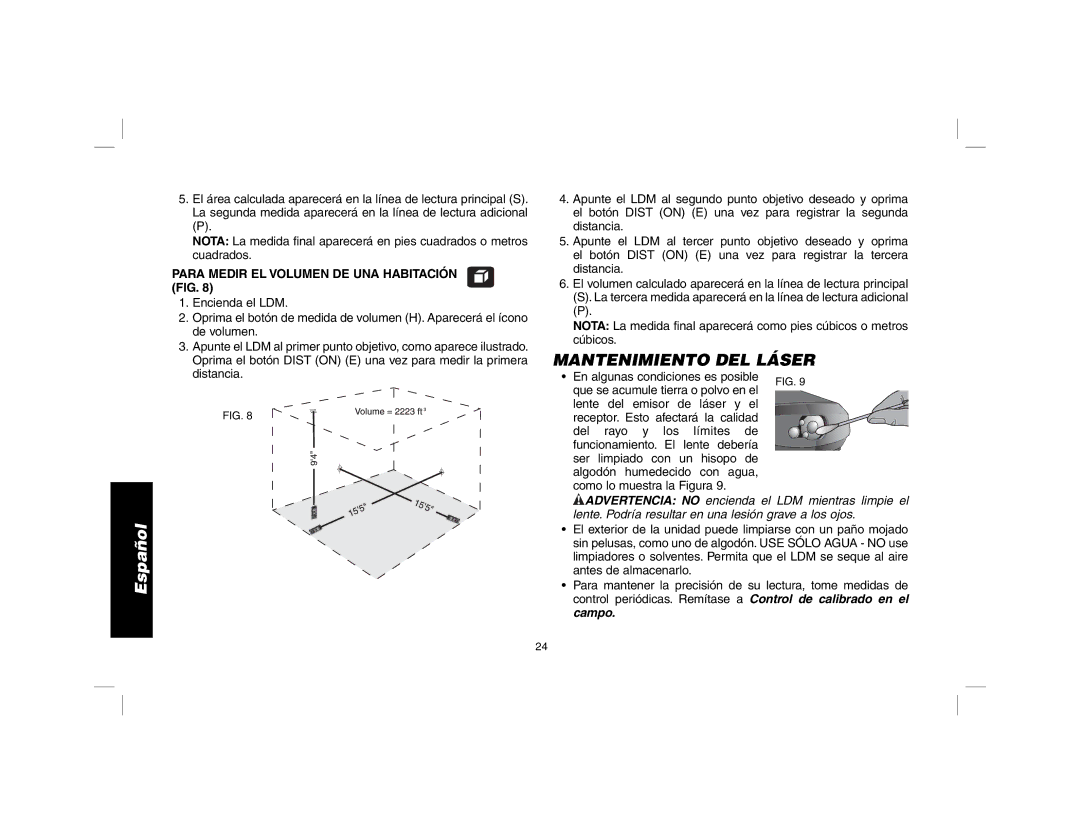 DeWalt dW030 instruction manual Mantenimiento DEL Láser, Para Medir EL Volumen DE UNA Habitación FIG 