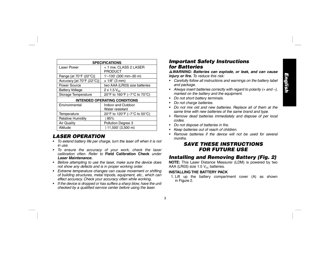 DeWalt dW030 Laser Operation, Important Safety Instructions for Batteries, For Future USE, Installing the Battery Pack 