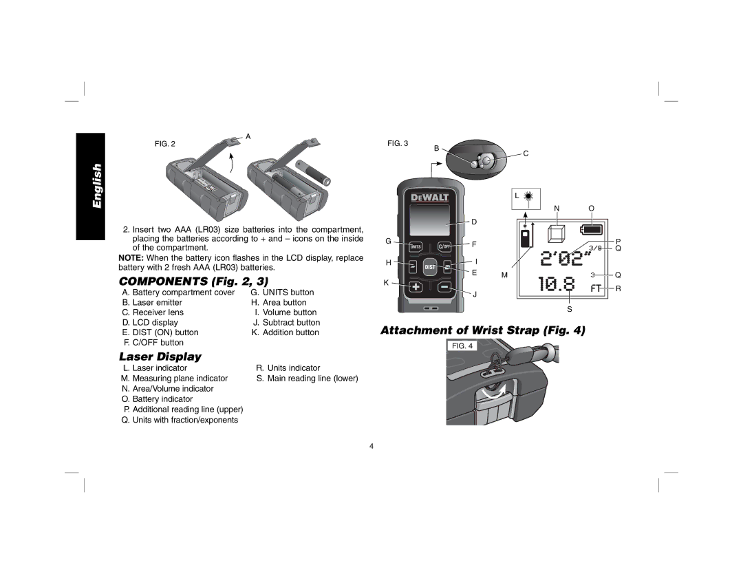 DeWalt dW030 instruction manual Components, Laser Display, Attachment of Wrist Strap Fig 