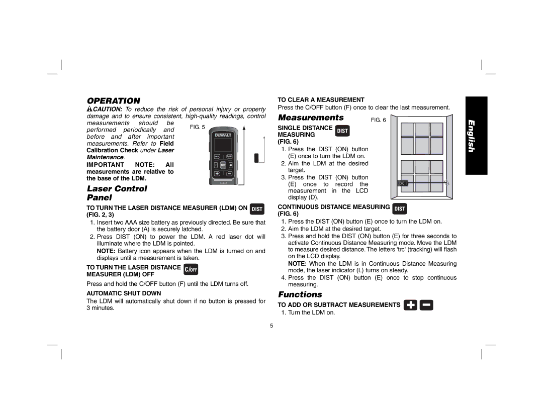 DeWalt dW030 instruction manual Operation, Laser Control Panel, Measurements, Functions 