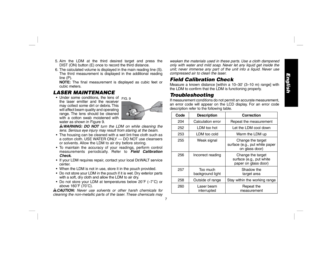 DeWalt dW030 instruction manual Laser Maintenance, Field Calibration Check, Troubleshooting 