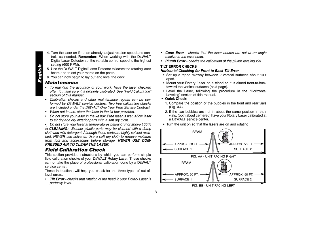 DeWalt DW071 instruction manual Maintenance, Field Calibration Check, Pressed AIR to Clean the Laser, Tilt Error Checks 