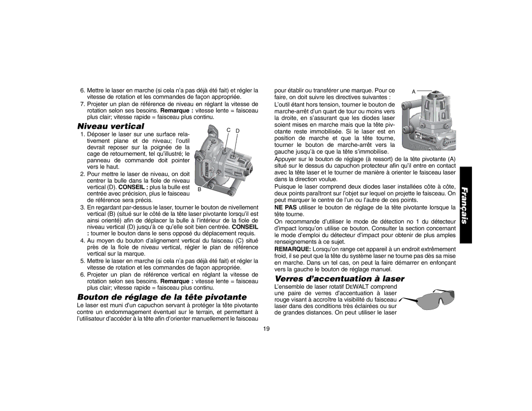 DeWalt DW071 instruction manual Niveau vertical, Bouton de réglage de la tête pivotante, Verres d’accentuation à laser 