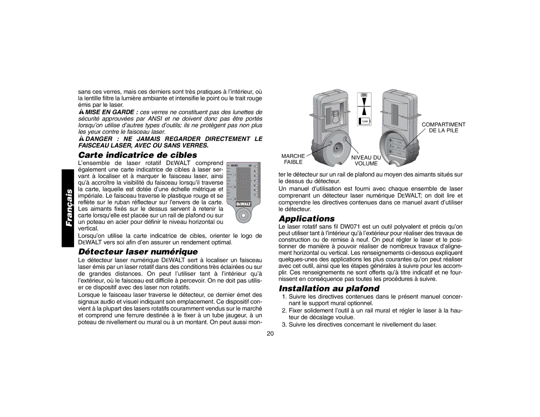 DeWalt DW071 instruction manual Carte indicatrice de cibles, Détecteur laser numérique, Installation au plafond 