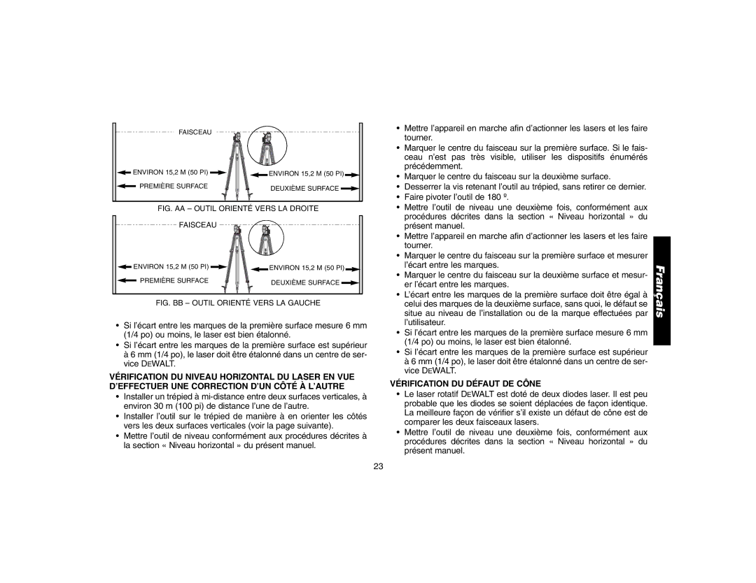 DeWalt DW071 instruction manual Er l’écart entre les marques, Vérification DU Défaut DE Cône 