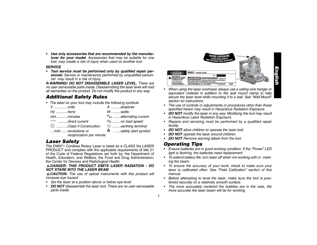 DeWalt DW071 instruction manual Additional Safety Rules, Laser Safety, Operating Tips, Service 