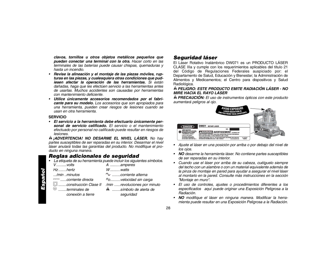 DeWalt DW071 instruction manual Reglas adicionales de seguridad, Seguridad láser, Servicio 