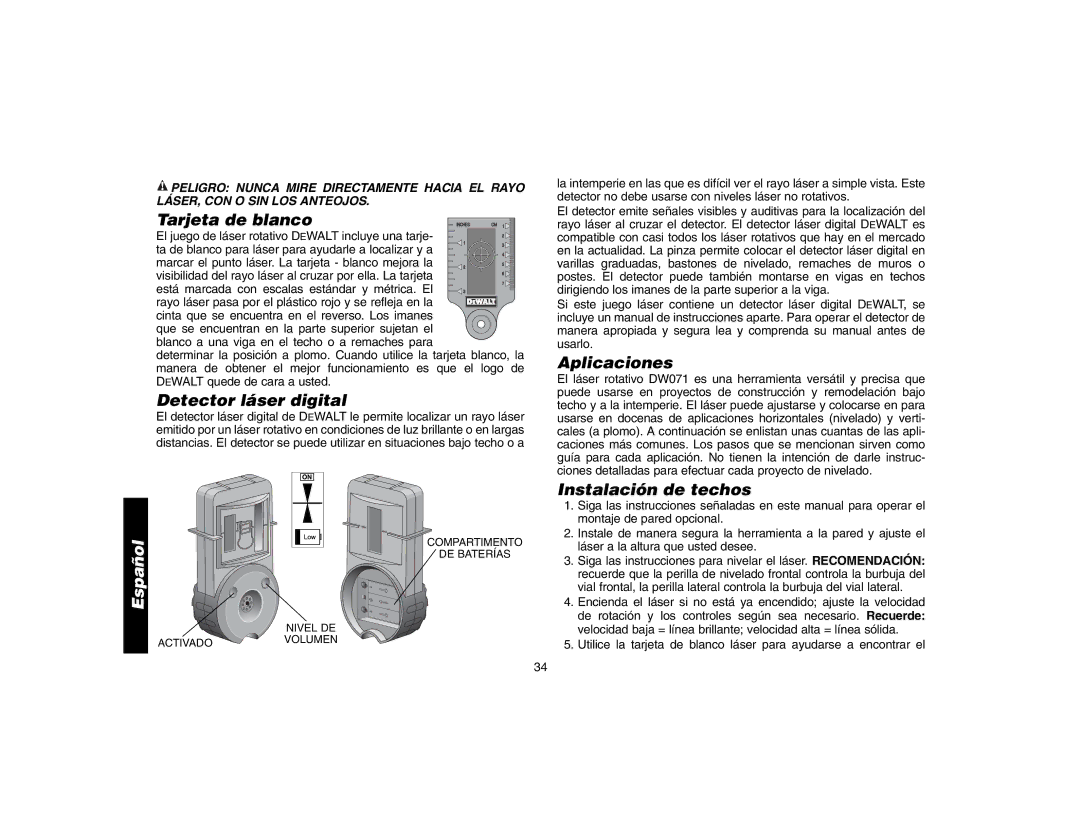 DeWalt DW071 instruction manual Tarjeta de blanco, Detector láser digital, Aplicaciones, Instalación de techos 