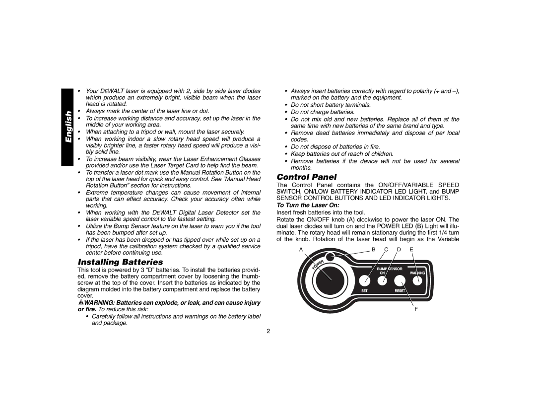 DeWalt DW071 instruction manual Installing Batteries, Control Panel 