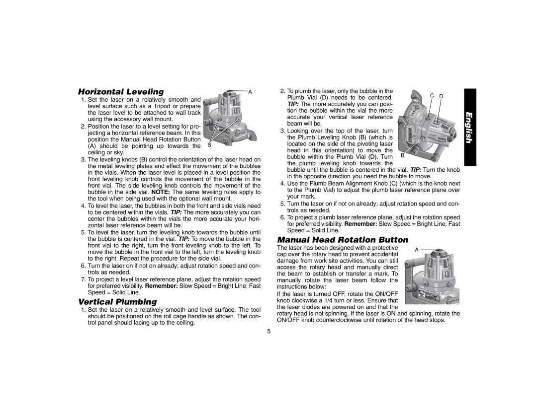 DeWalt DW071 instruction manual Horizontal Leveling, Vertical Plumbing, Manual Head Rotation Button 