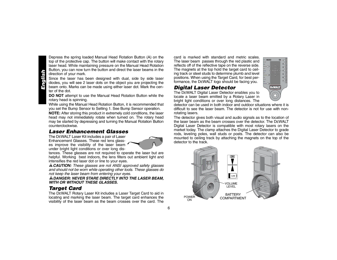 DeWalt DW071 instruction manual Laser Enhancement Glasses, Target Card, Digital Laser Detector 