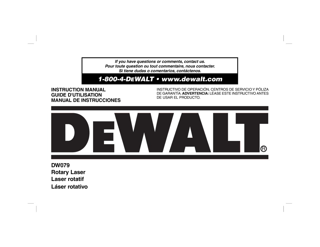 DeWalt instruction manual DW079 Rotary Laser Laser rotatif Láser rotativo 