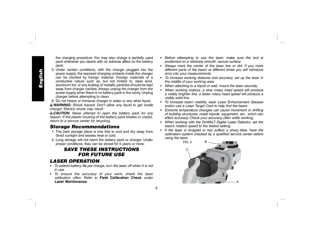 DeWalt DW079 instruction manual Storage Recommendations, For Future USE Laser Operation, Laser Maintenance 