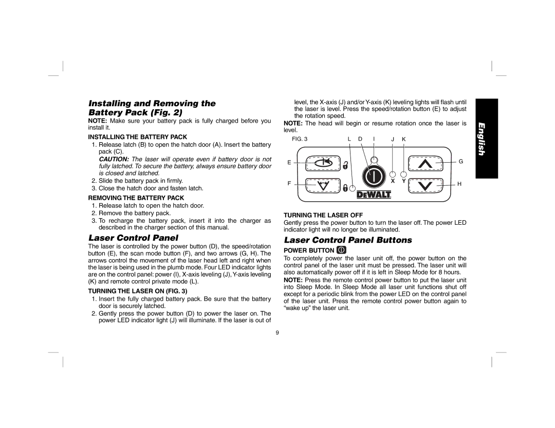 DeWalt DW079 instruction manual Installing and Removing Battery Pack Fig, Laser Control Panel Buttons 